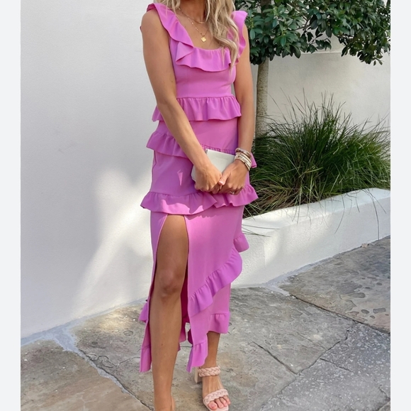 Show Me Your Mumu Greta Ruffle Tiered Midi Dress in Pink Lilac XS Barbiecore - Picture 2 of 13